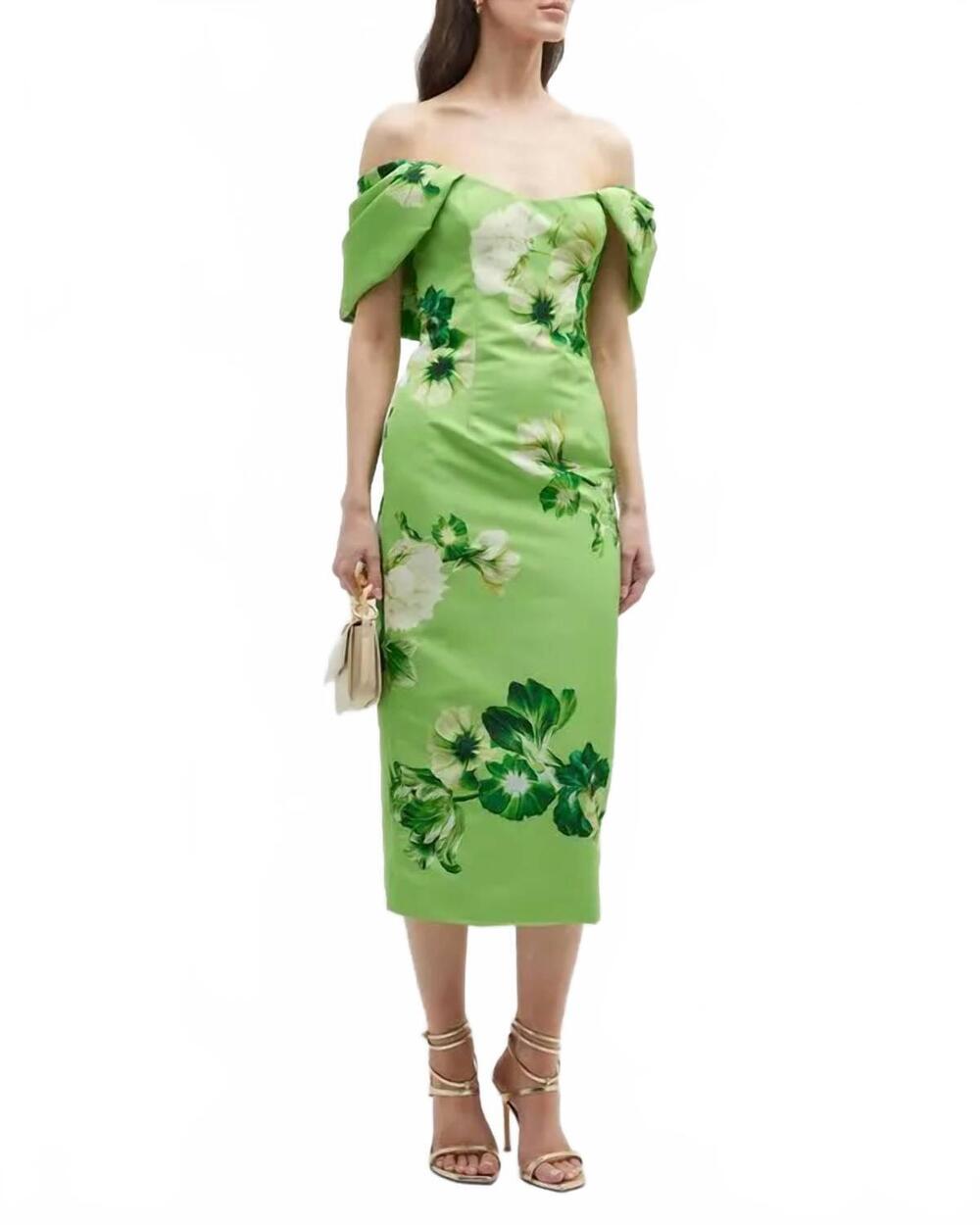 NEW MONIQUE LHUILLIER off shoulder dress with draped arm in lime multi